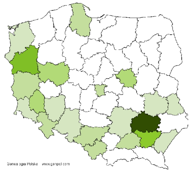 Rozmieszczenie osób noszących nazwisko Chciuk i zamieszkujących w Polsce na początku lat 90-tych XX w.
